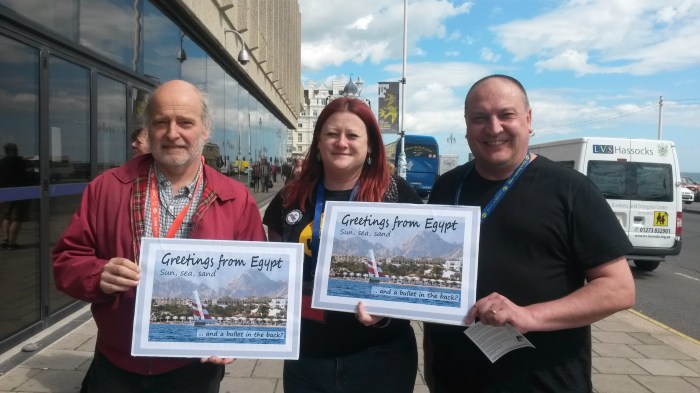 Andy Reid, Marianne Owens and Paul Williams (l-r) helped to launch our postcard campaign at PCS conference